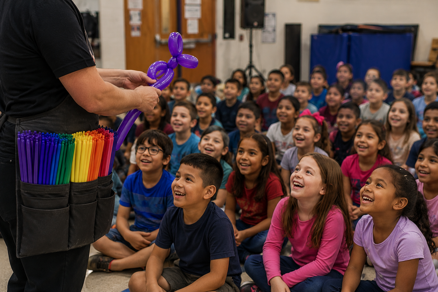 Balloon entertainment at a school event with children watching
