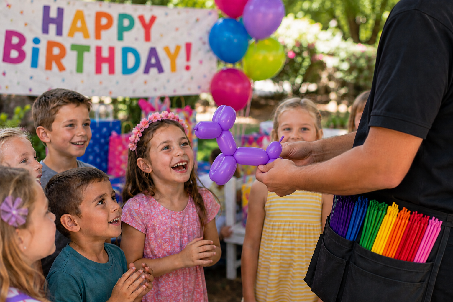 Kids enjoying balloon twisting at a birthday party