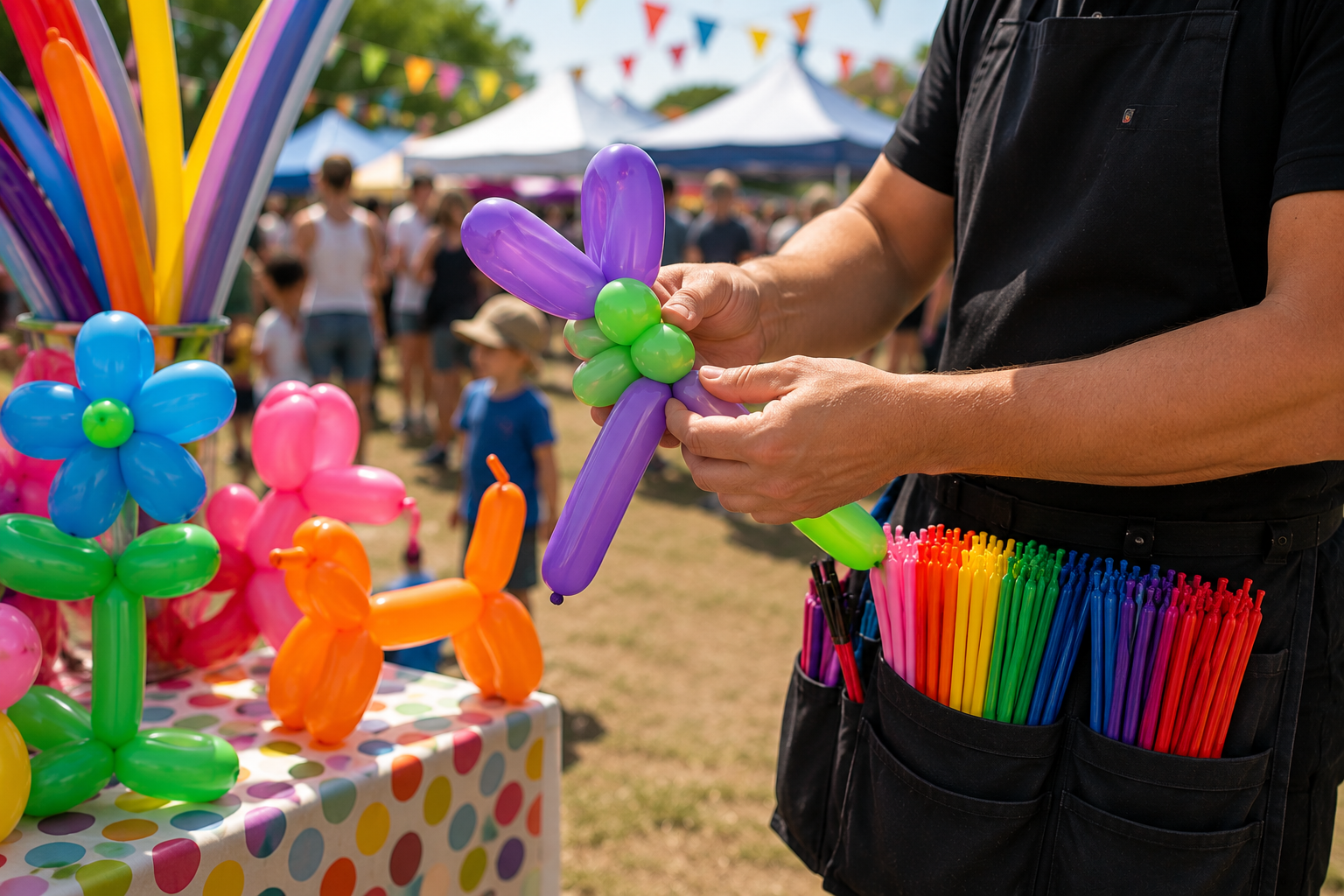 Balloon twisting at a community festival outdoors