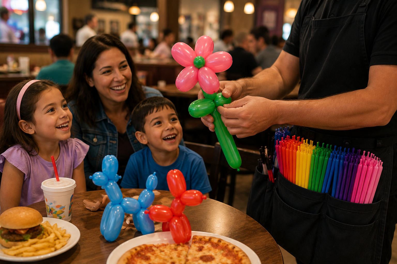 Balloon artist entertaining families at a restaurant