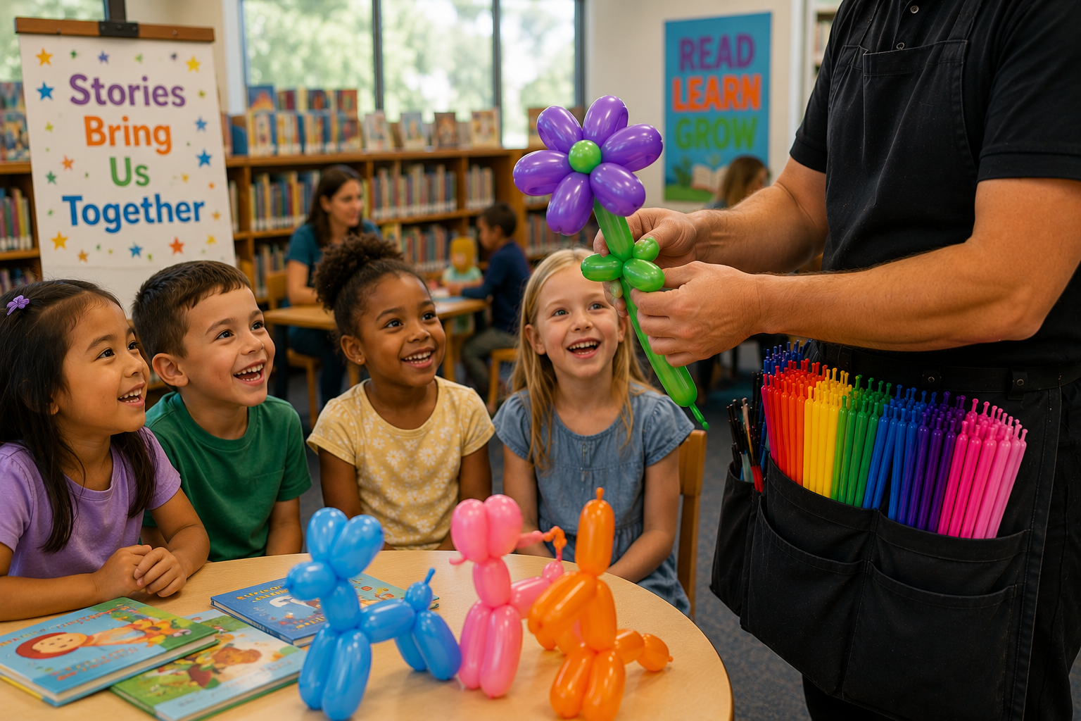 Balloon artist entertaining children in a library setting