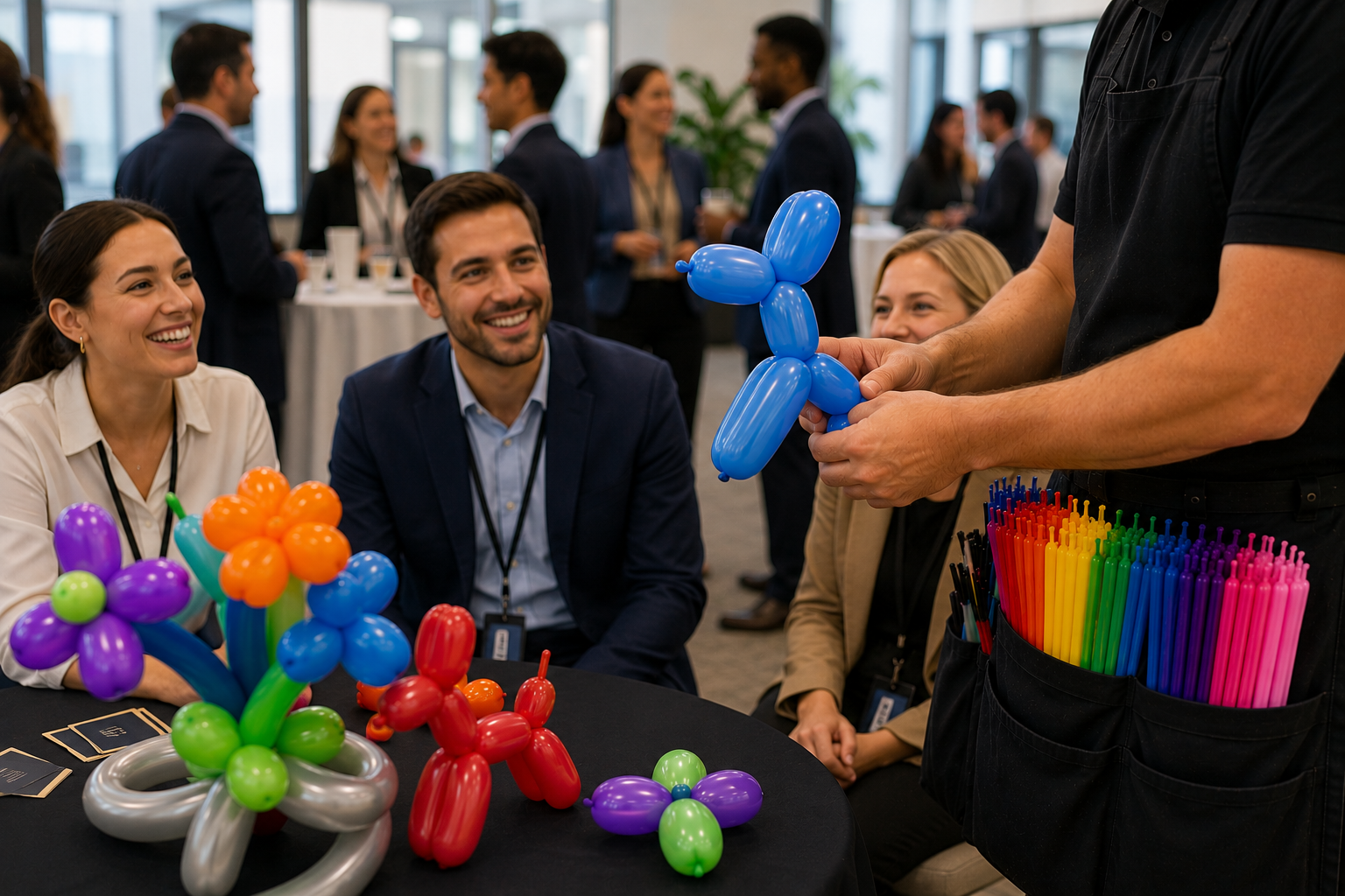Balloon artist entertaining at a corporate event