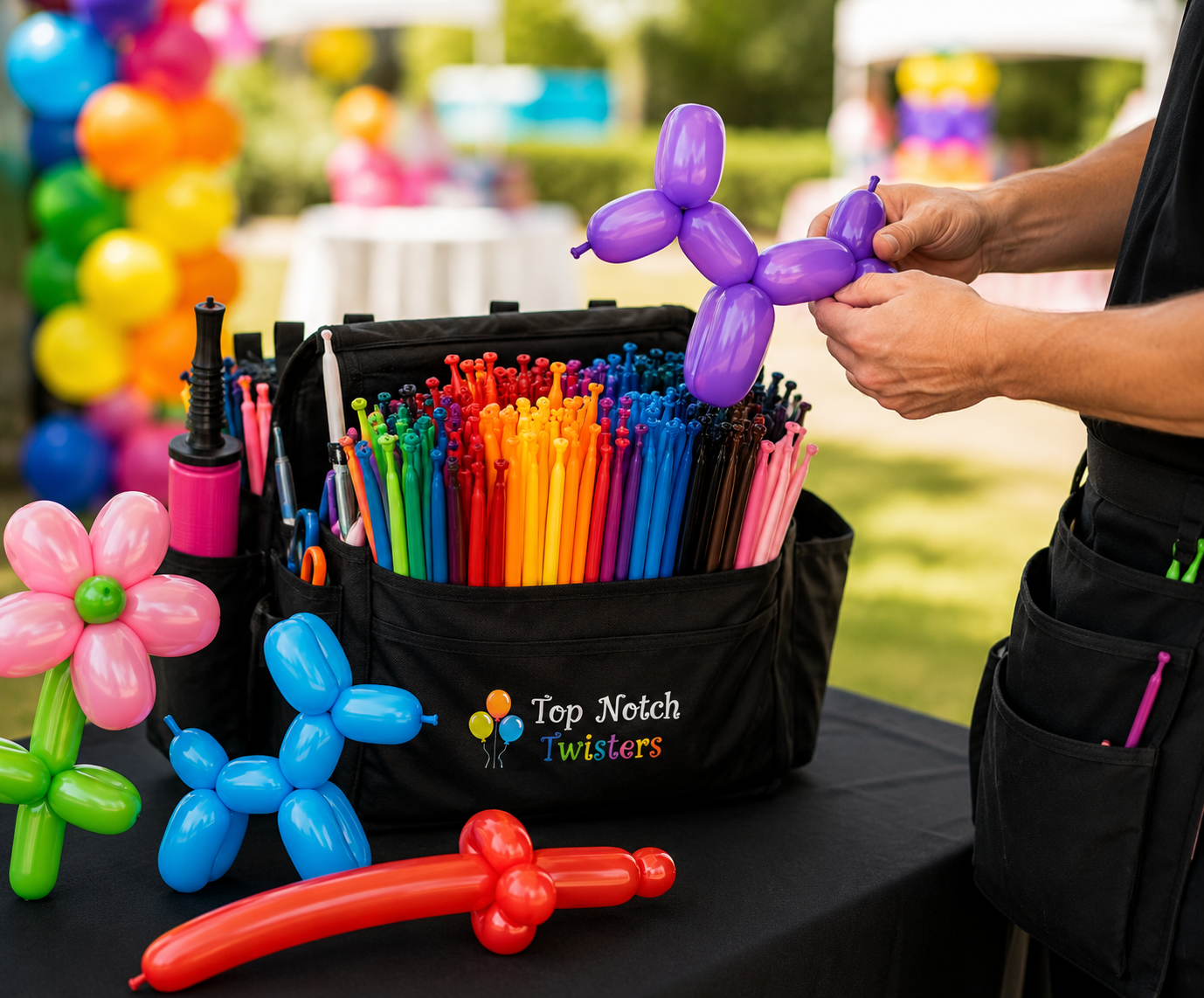 Balloon twisting setup with organized balloons and balloon creations